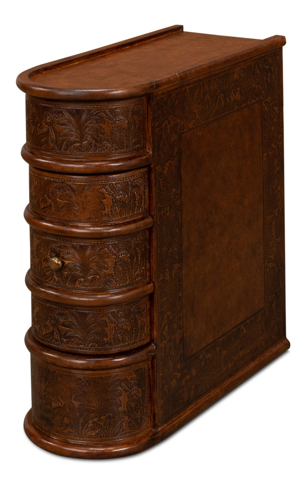Sarreid Barnes Leather Book Side Table - Elegant Wood Design With 1 Drawer, Dark Brown Leather & Brass Accents Brown  26181