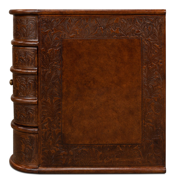 Sarreid Barnes Leather Book Side Table - Elegant Wood Design With 1 Drawer, Dark Brown Leather & Brass Accents Brown  26181