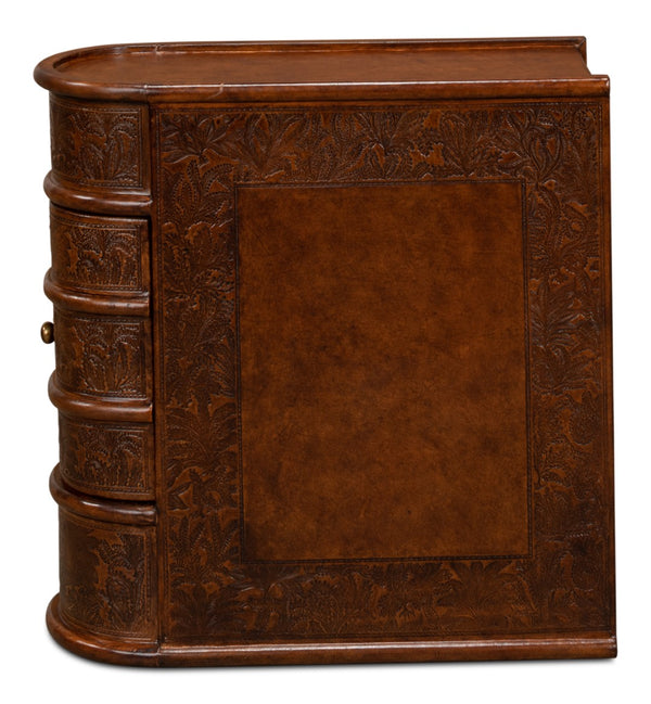 Sarreid Barnes Leather Book Side Table - Elegant Wood Design With 1 Drawer, Dark Brown Leather & Brass Accents Brown  26181