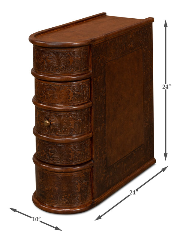 Sarreid Barnes Leather Book Side Table - Elegant Wood Design With 1 Drawer, Dark Brown Leather & Brass Accents Brown  26181