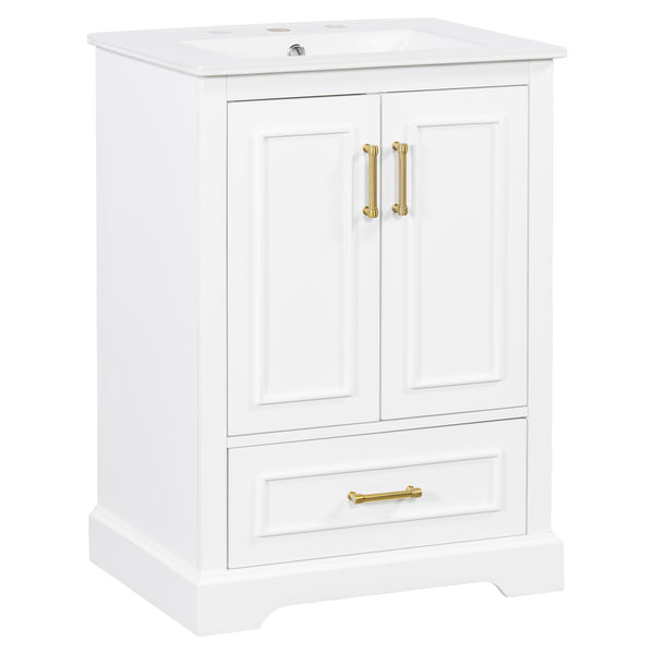 English Elm 24"Bathroom Modern Vanity with Ceramic Sink, Solid Wood Frame, Soft-Close Doors & Smart Storage System White N729P321378K