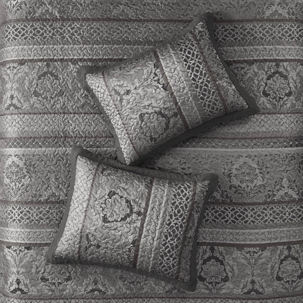 English Elm 5-piece Queen Jacquard Bedspread Set with Leaf Ironwork Motifs Shams and Throw Pillows B035P408228