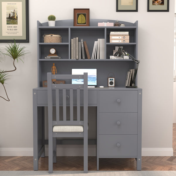 English Elm Vintage 40'' Home Executive Desk Set with Upholstered Chair and Built-In Bookshelf for Stylish Productivity Gray 44 L x 23 W x 13.5 H N733P272894E