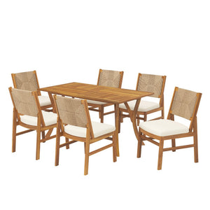 English Elm Outdoor Acacia Wood Dining Set Seats Six with Woven Wicker Back Cushioned Chairs N773OD00084B