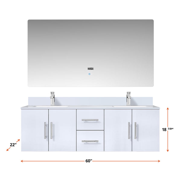 English Elm Glossy Double 60 in. White Bath Vanity with Scratch-Resistant Marble Top, Chrome Faucets, LED Mirror B2731S01017