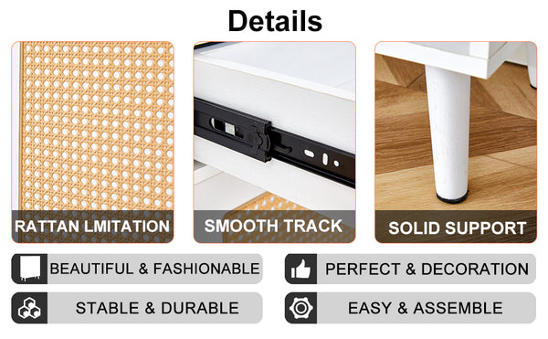 English Elm Modern white storage cabinet with vine rattan design, MDF shoe & bedside organizer, quick assembly, sleek decor W1151P151509