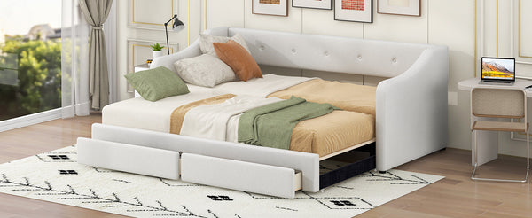 English Elm Twin XL Upholstered Daybed with Two Drawers — Convertible King Sofa Bed, Buttoned Back, Linen Upholstery Beige DL002056AAA