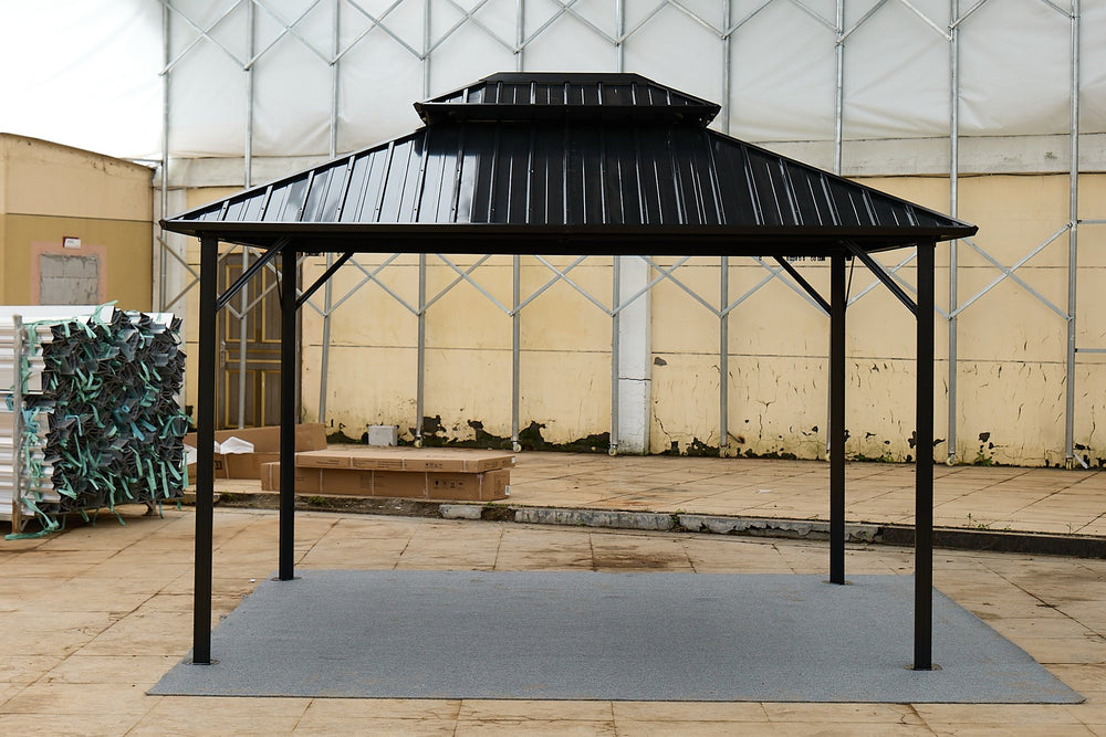 English Elm 10*10 Weatherproof Double-Roof Gazebo Pavilion Black - Galvanized Steel Hardtop, Aluminum Frame, Ventilated Design W765S00017
