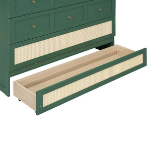 English Elm Full Size Murphy Wall Bed Cabinet with Rattan Panel Detailing and Storage Drawers Green N708P336203F