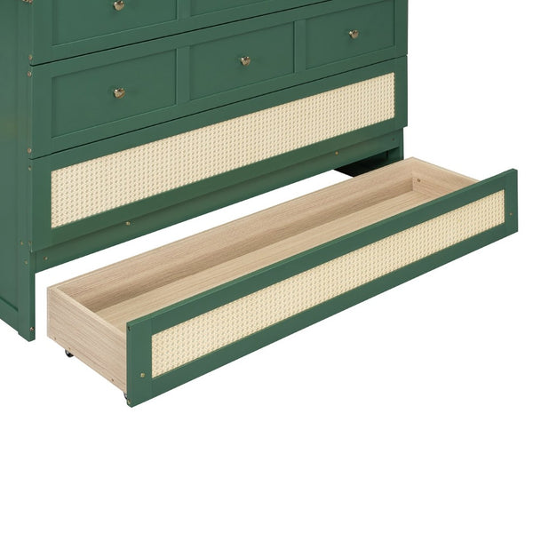 English Elm Full Size Murphy Wall Bed Cabinet with Rattan Panel Detailing and Storage Drawers Green N708P336203F
