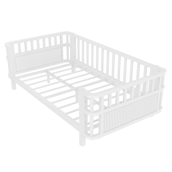 English Elm Twin Pine House Frame Floor Bed with Peaked Roof and Fence Guardrails for Kids White W1858P389993