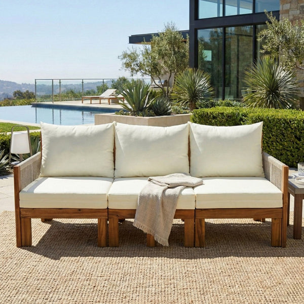 English Elm Outdoor Acacia Wood Dining Set Seats Six with Cushioned Armrest Chairs for Patio Beige,Natural Wood N719Z000220A