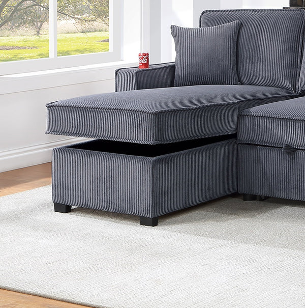 English Elm Convertible Corduroy Sectional Sofa with Reversible Chaise, Hidden Storage, USB Port & Pull-Out Bed Dark Gray 60 L x 30 W x 19 H B011S01243