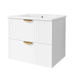 English Elm Modern 24-Inch Wall-Mounted Bathroom Vanity with 2 Drawers, Gold Handles, Space-Saving Luxury White WF324047AAK