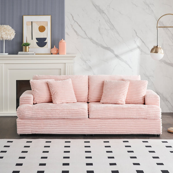 English Elm 88.58" corduroy 3-seater sofa with 4 matching throw pillows, sturdy wood frame, modern luxe comfort Pink W3356S00003
