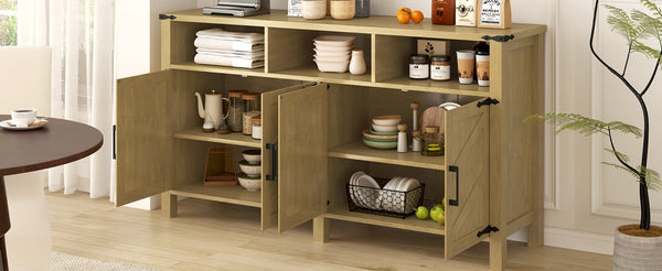 English Elm U_style 59 Inch Sideboard Buffet with Built in Power Outlets Open Cubbies Metal Accents Natural Wood N711P347407O