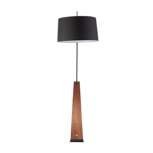 English Elm Mid-century Modern Arc Floor Lamp with Bentwood Base and Black Linen Reading Shade B202S02209