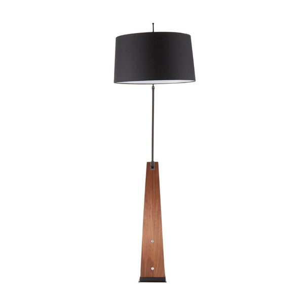 English Elm Mid-century Modern Arc Floor Lamp with Bentwood Base and Black Linen Reading Shade B202S02209