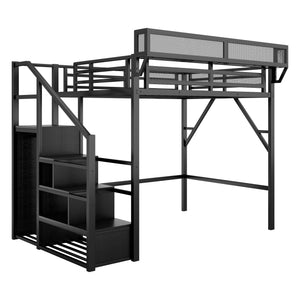 English Elm Full Size Loft Bed With Stairs And Storage Shelves – Stylish Black Metal High Loft Bed For Kids & Teens W2580S00037