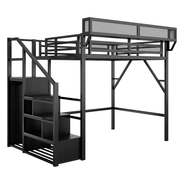 English Elm Full Size Loft Bed With Stairs And Storage Shelves – Stylish Black Metal High Loft Bed For Kids & Teens W2580S00037
