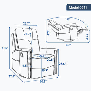 English Elm Blue Genuine Leather Rocker Swivel Recliner with Massage Heat for Living Room W1803P323714