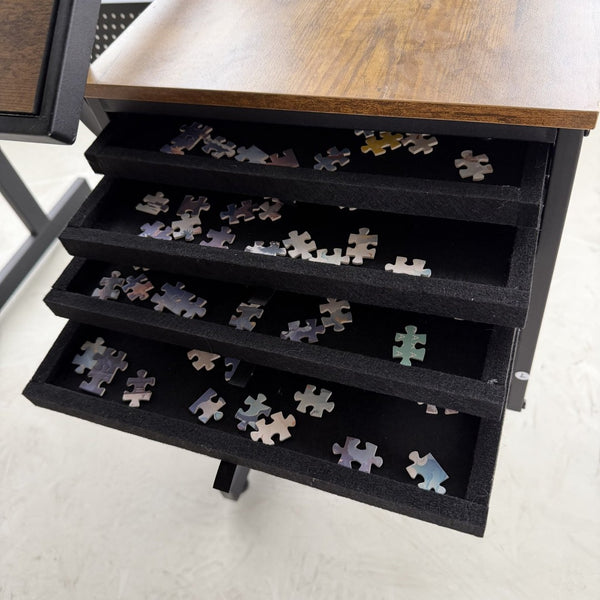 English Elm 1500 Piece Puzzle Table with Tilting Surface Four Felt Trays and Built-in Storage Drawers W347P396030
