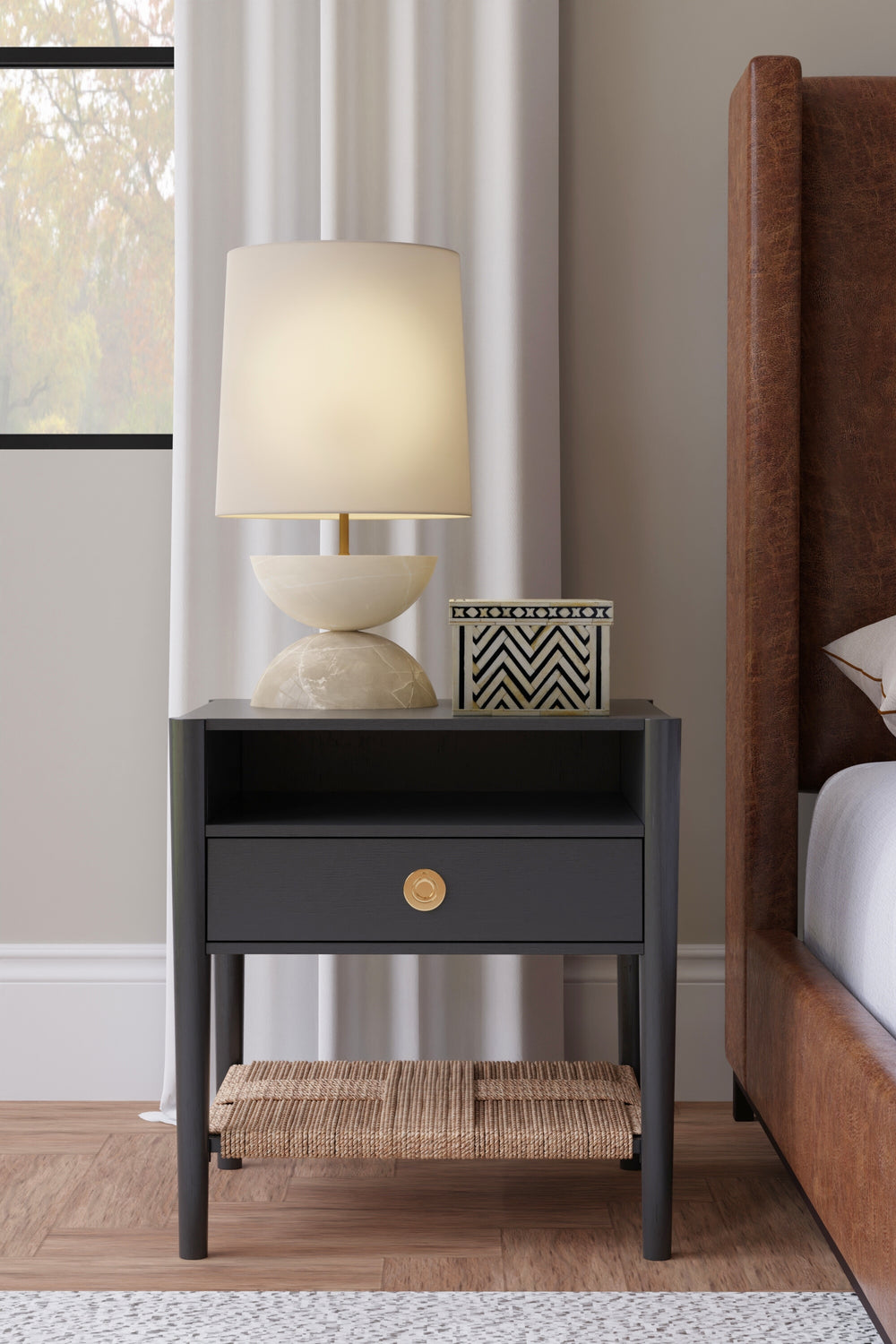 Alpine Furniture Cleo Nightstand In Charcoal Gray - Stylish & Functional Bedroom Storage With Modern Elegance Charcoal Gray Rubberwood Solids & Oak Veneer 2620-02-alpine