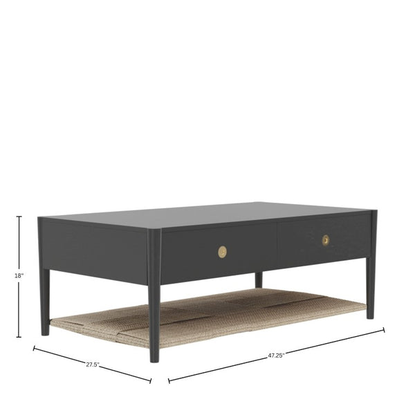 Alpine Furniture Cleo Coffee Table With Four Drawers And Woven Shelf, Brass Knobs, Smooth Ball-Bearing Glides Charcoal Gray 2620-61