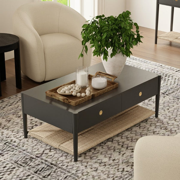 Alpine Furniture Cleo Coffee Table With Four Drawers And Woven Shelf, Brass Knobs, Smooth Ball-Bearing Glides Charcoal Gray 2620-61