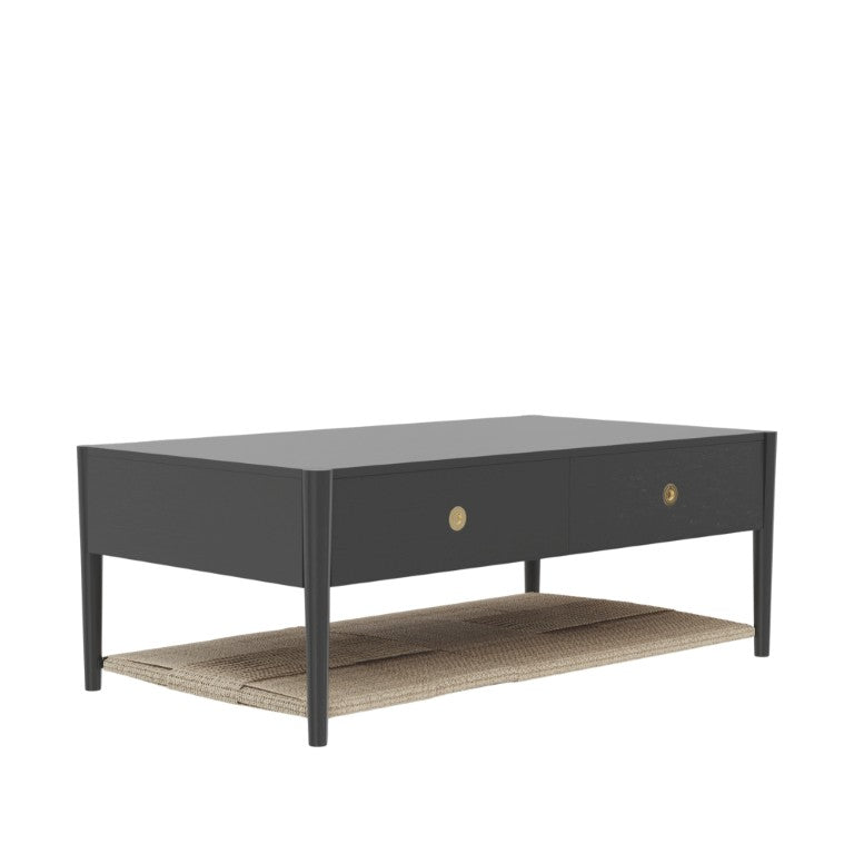 Alpine Furniture Cleo Coffee Table With Four Drawers And Woven Shelf, Brass Knobs, Smooth Ball-Bearing Glides Charcoal Gray 2620-61