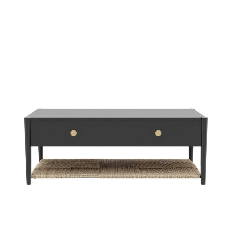 Alpine Furniture Cleo Coffee Table With Four Drawers And Woven Shelf, Brass Knobs, Smooth Ball-Bearing Glides Charcoal Gray 2620-61