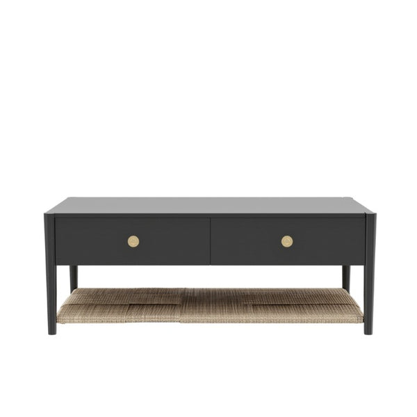 Alpine Furniture Cleo Coffee Table With Four Drawers And Woven Shelf, Brass Knobs, Smooth Ball-Bearing Glides Charcoal Gray 2620-61