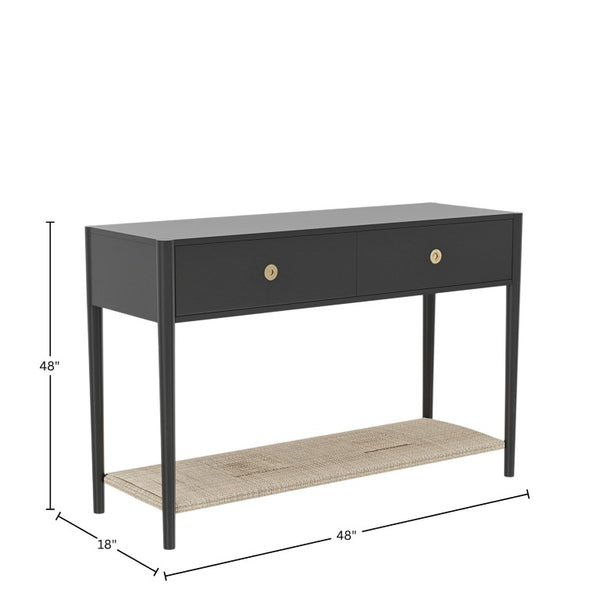 Alpine Furniture Cleo Console Table With Woven Shelf And Brass Knobs, Fully Assembled Entryway Accent (48" W) Charcoal Gray 2620-63