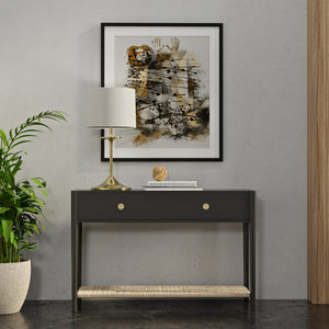 Alpine Furniture Cleo Console Table With Woven Shelf And Brass Knobs, Fully Assembled Entryway Accent (48" W) Charcoal Gray 2620-63
