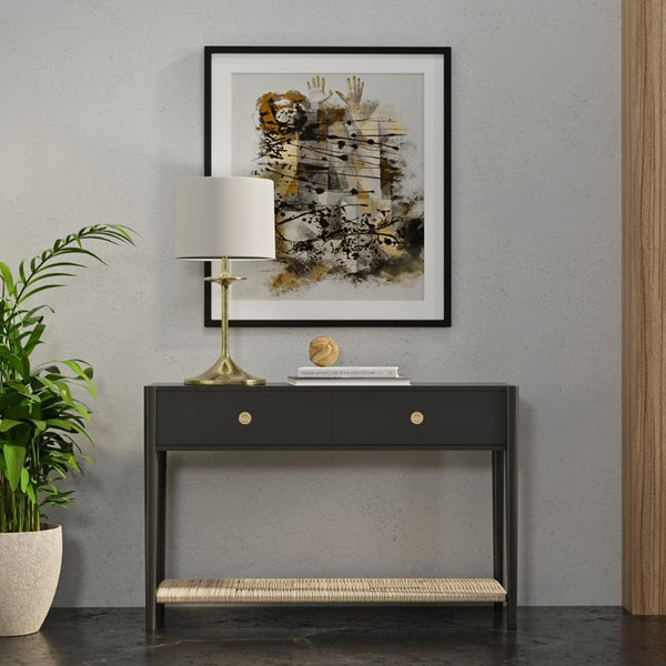 Alpine Furniture Cleo Console Table With Woven Shelf And Brass Knobs, Fully Assembled Entryway Accent (48" W) Charcoal Gray 2620-63