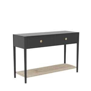 Alpine Furniture Cleo Console Table With Woven Shelf And Brass Knobs, Fully Assembled Entryway Accent (48" W) Charcoal Gray 2620-63