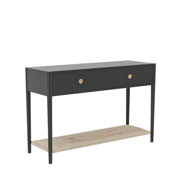 Alpine Furniture Cleo Console Table With Woven Shelf And Brass Knobs, Fully Assembled Entryway Accent (48" W) Charcoal Gray 2620-63