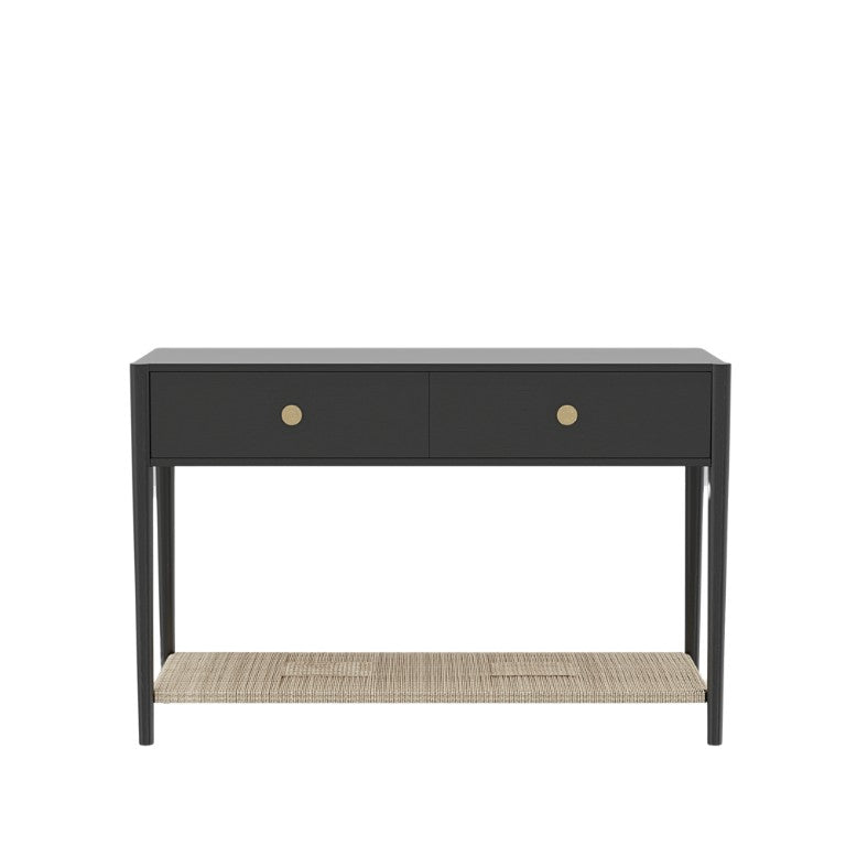 Alpine Furniture Cleo Console Table With Woven Shelf And Brass Knobs, Fully Assembled Entryway Accent (48" W) Charcoal Gray 2620-63