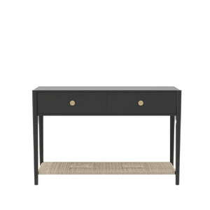 Alpine Furniture Cleo Console Table With Woven Shelf And Brass Knobs, Fully Assembled Entryway Accent (48" W) Charcoal Gray 2620-63