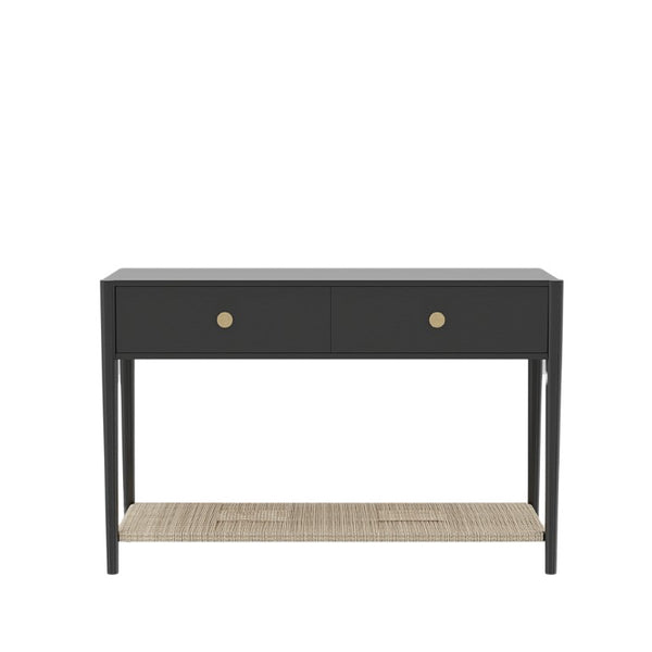Alpine Furniture Cleo Console Table With Woven Shelf And Brass Knobs, Fully Assembled Entryway Accent (48" W) Charcoal Gray 2620-63