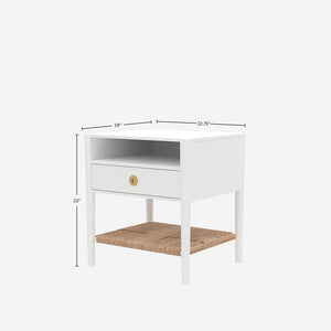 Alpine Furniture Cleo Nightstand With Woven Shelf & Smooth Drawer, Fully Assembled 22.75"W X19"D X23"H, Brass Knob 2620WHT-02