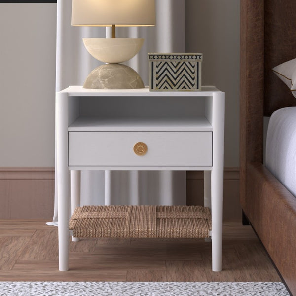 Alpine Furniture Cleo Nightstand With Woven Shelf & Smooth Drawer, Fully Assembled 22.75"W X19"D X23"H, Brass Knob 2620WHT-02