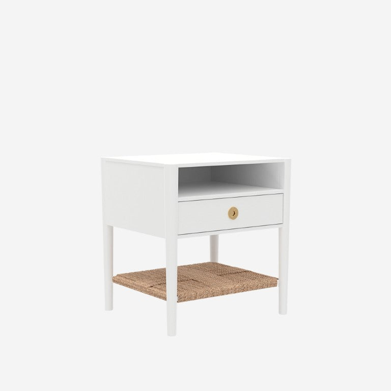 Alpine Furniture Cleo Nightstand With Woven Shelf & Smooth Drawer, Fully Assembled 22.75"W X19"D X23"H, Brass Knob 2620WHT-02