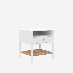 Alpine Furniture Cleo Nightstand With Woven Shelf & Smooth Drawer, Fully Assembled 22.75"W X19"D X23"H, Brass Knob 2620WHT-02