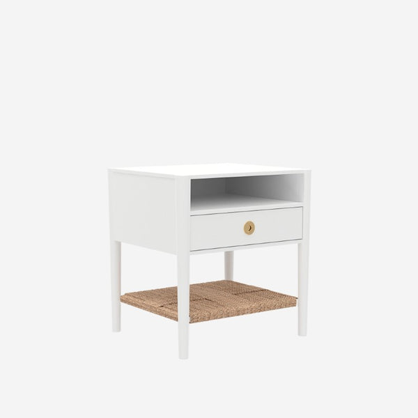 Alpine Furniture Cleo Nightstand With Woven Shelf & Smooth Drawer, Fully Assembled 22.75"W X19"D X23"H, Brass Knob 2620WHT-02