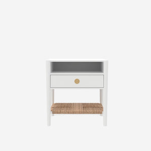 Alpine Furniture Cleo Nightstand With Woven Shelf & Smooth Drawer, Fully Assembled 22.75"W X19"D X23"H, Brass Knob 2620WHT-02