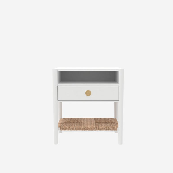 Alpine Furniture Cleo Nightstand With Woven Shelf & Smooth Drawer, Fully Assembled 22.75"W X19"D X23"H, Brass Knob 2620WHT-02