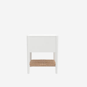 Alpine Furniture Cleo Nightstand With Woven Shelf & Smooth Drawer, Fully Assembled 22.75"W X19"D X23"H, Brass Knob 2620WHT-02