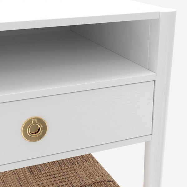 Alpine Furniture Cleo Nightstand With Woven Shelf & Smooth Drawer, Fully Assembled 22.75"W X19"D X23"H, Brass Knob 2620WHT-02
