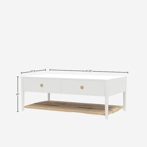 Alpine Furniture Cleo Coffee Table With Four Drawers And Woven Shelf, Brass Knobs, Smooth Ball-Bearing Glides White 2620WHT-61